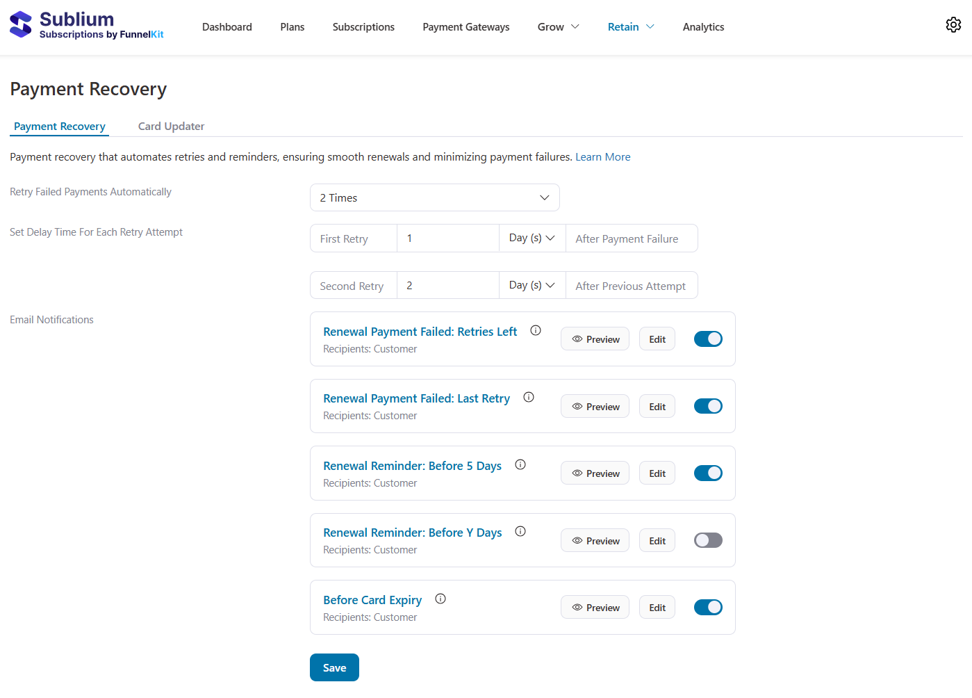 set up payment retries and renewal reminders with sublium subscriptions