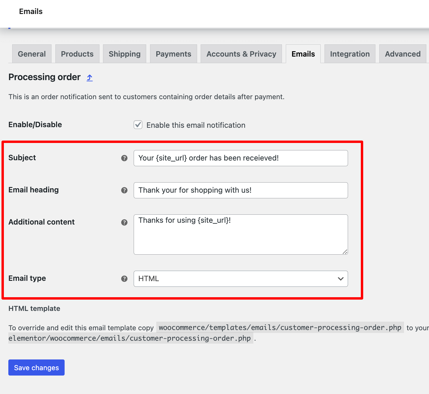 processing order email details