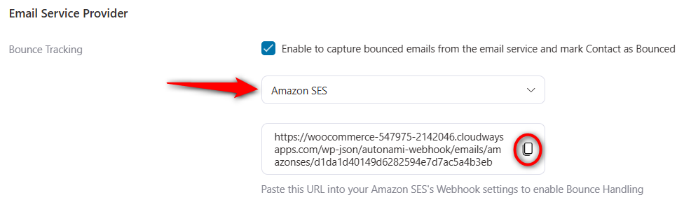 Select Amazon SES and copy the webhook bounce tracking URL