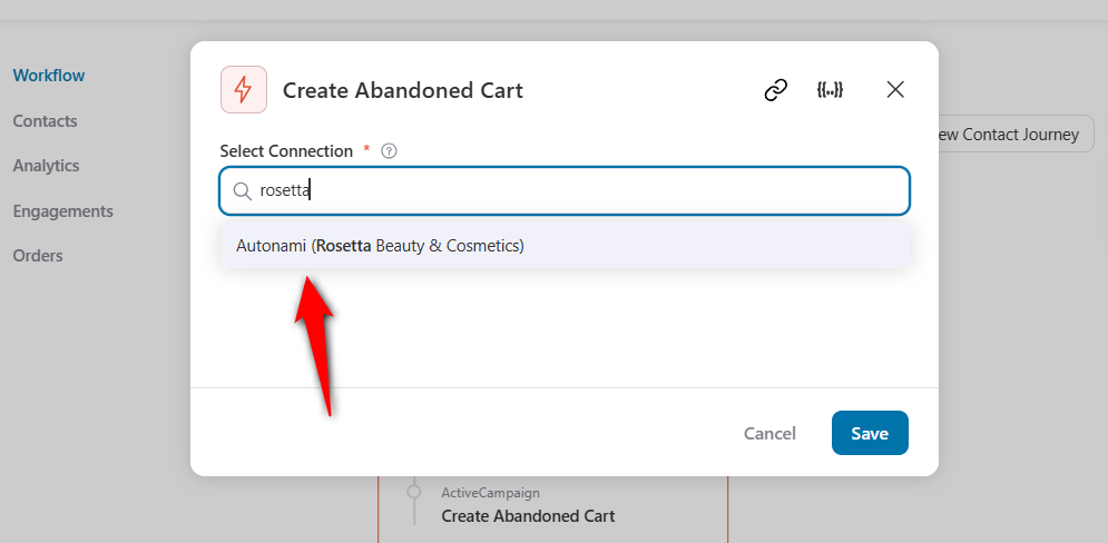 Select activecampaign woocommerce connection for cart abandonment automation