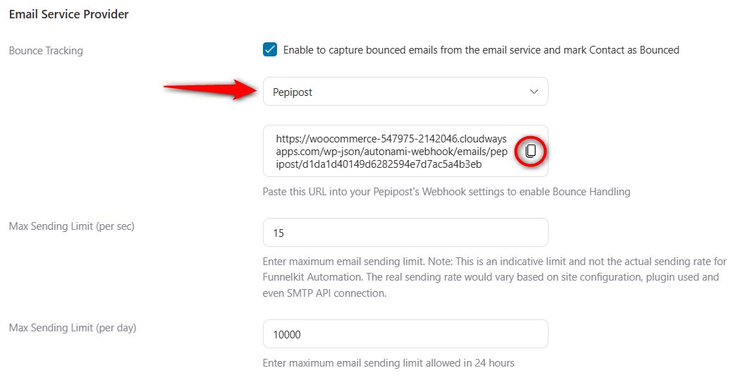 Select Pepipost and copy the bounce handling with Pepipost webhook URL