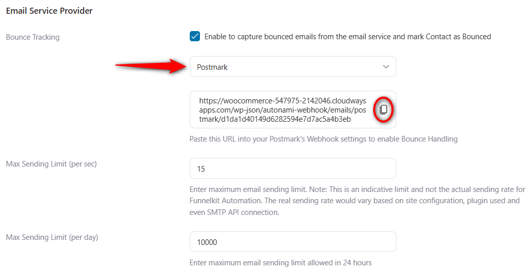 Select postmark email service and copy the webhook URL