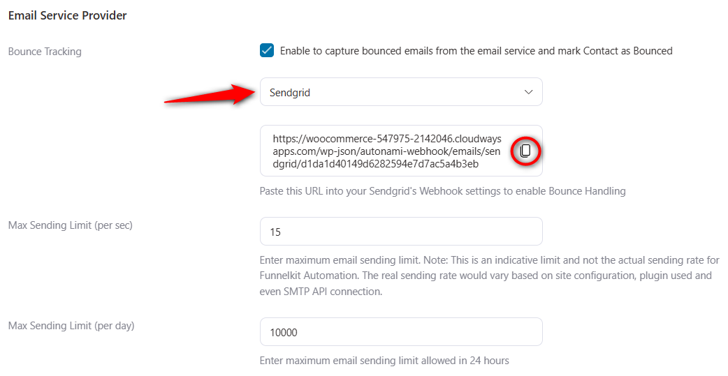 Enable bounce tracking, select Sendgrid and copy the webhook URL