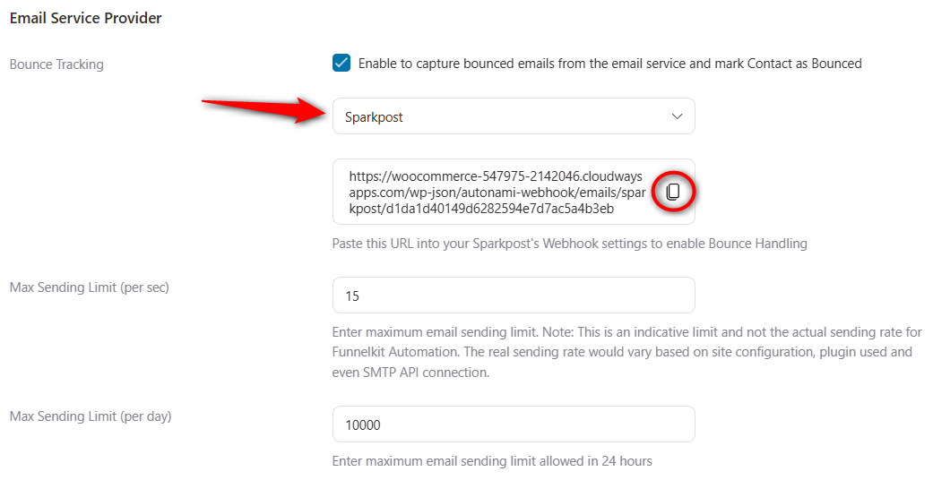 Select sparkpost and copy the bounce handling webhook url from FunnelKit Automations email settings