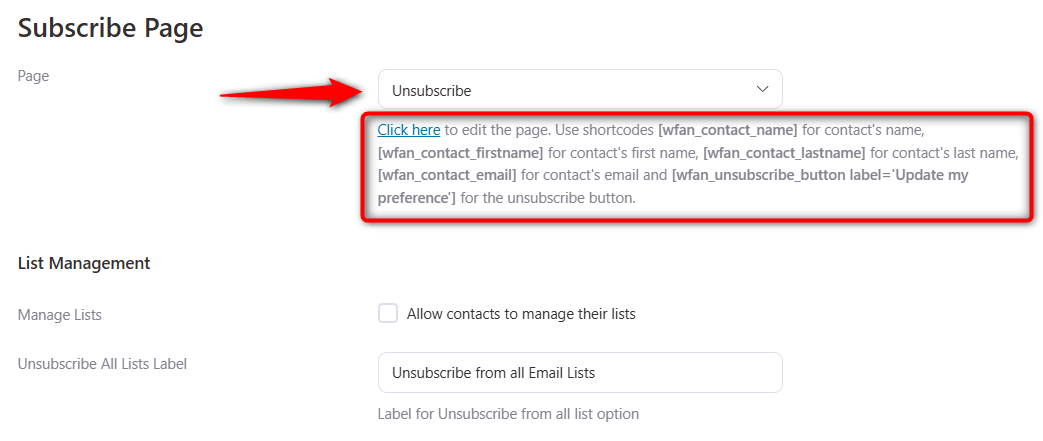 Select an Unsubscribe Page