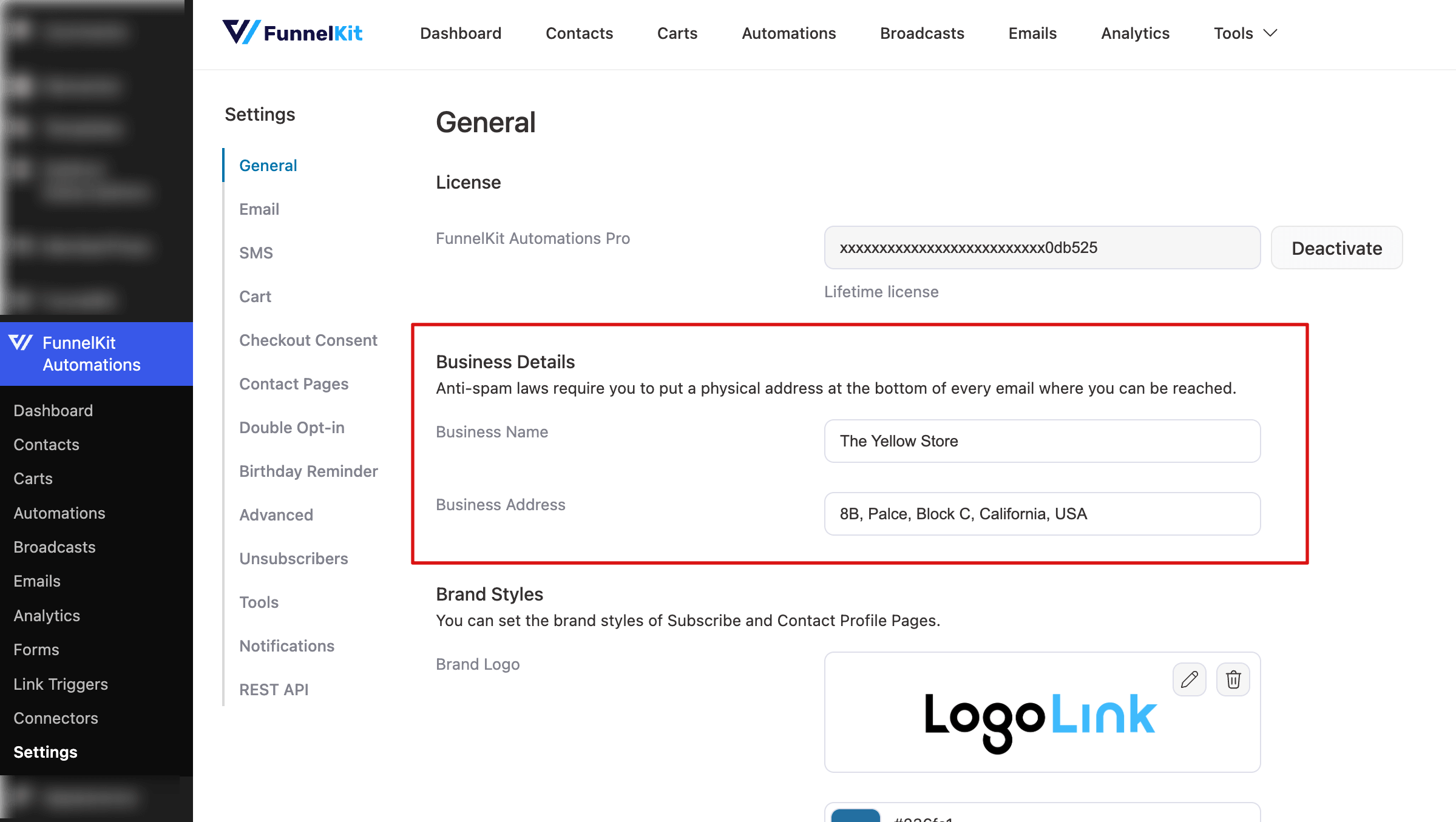 set up business details funnelkit automations