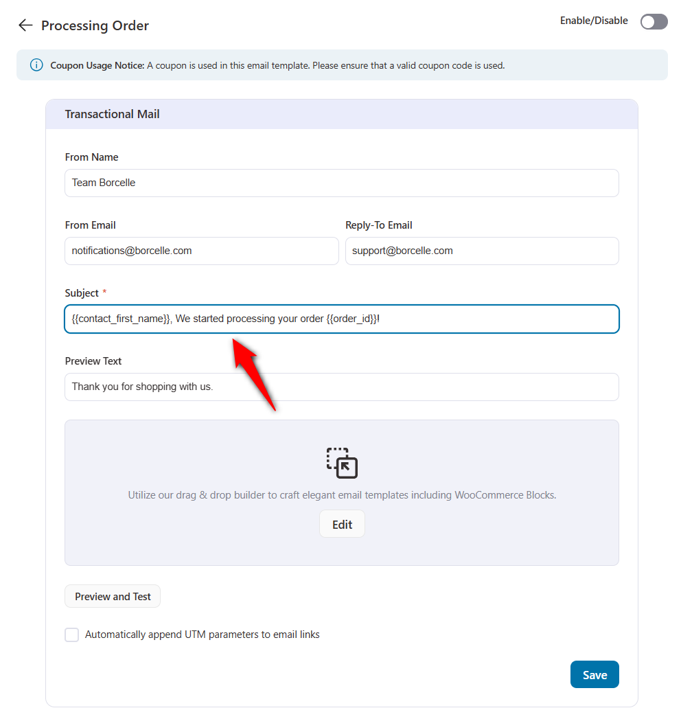 enter subject line and preview text of your woocommerce transactional email