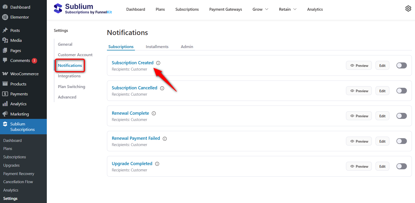 navigate to sublium subscriptions settings notifications and click on the email you want to edit