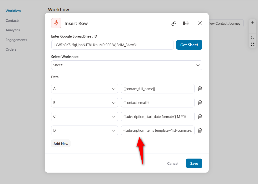 Enter the subscription cancellation information you want to send to google sheets integration with woocommerce
