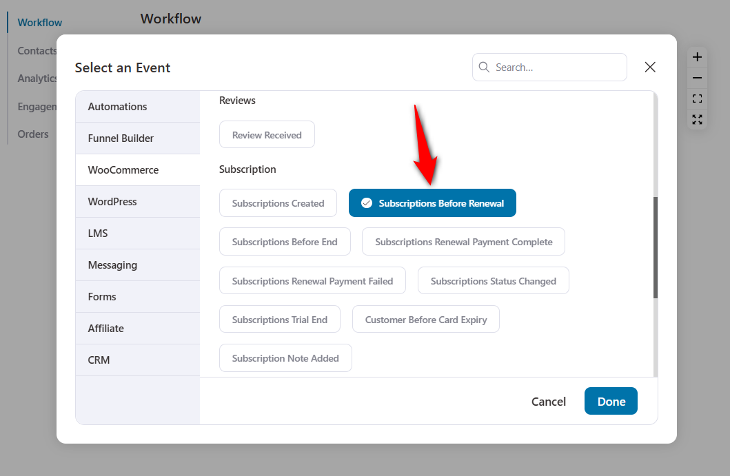 Choose the ‘Subscription Before Renewal’ event trigger for woocommerce activecampaign integration