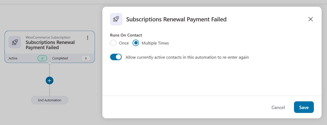 Subscriptions renewal payment failed event to recoup failed payments and reactivate users