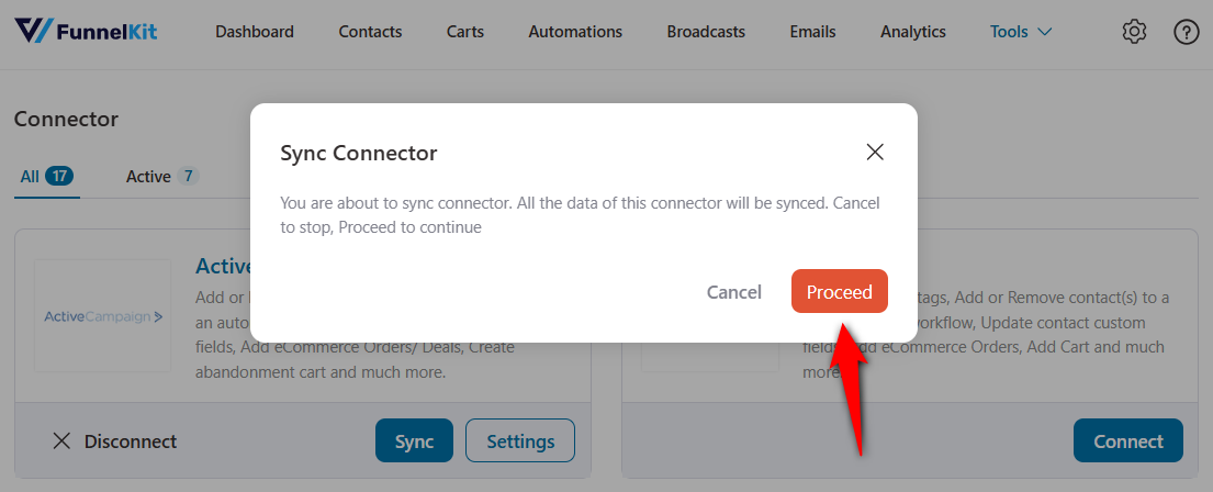 click on proceed to continue syncing woocommerce data with activecampaign integration