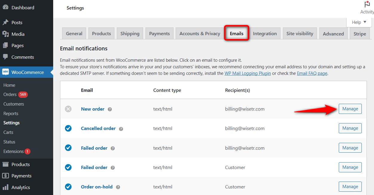 Click on manage next to new order woocommerce email settings