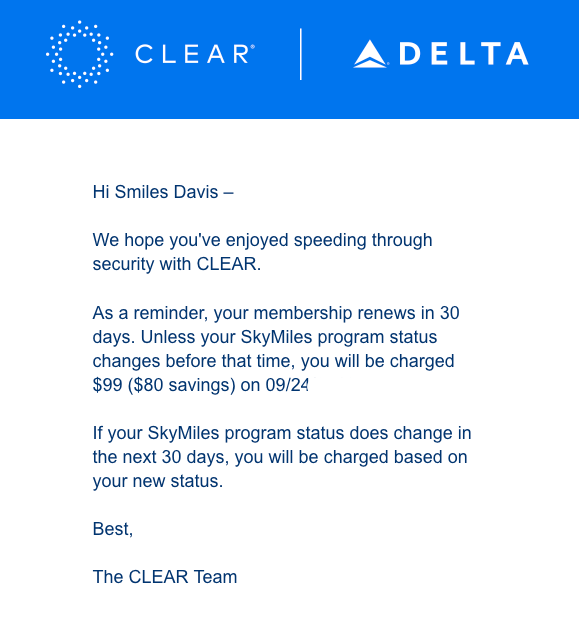 Delta reminder email example