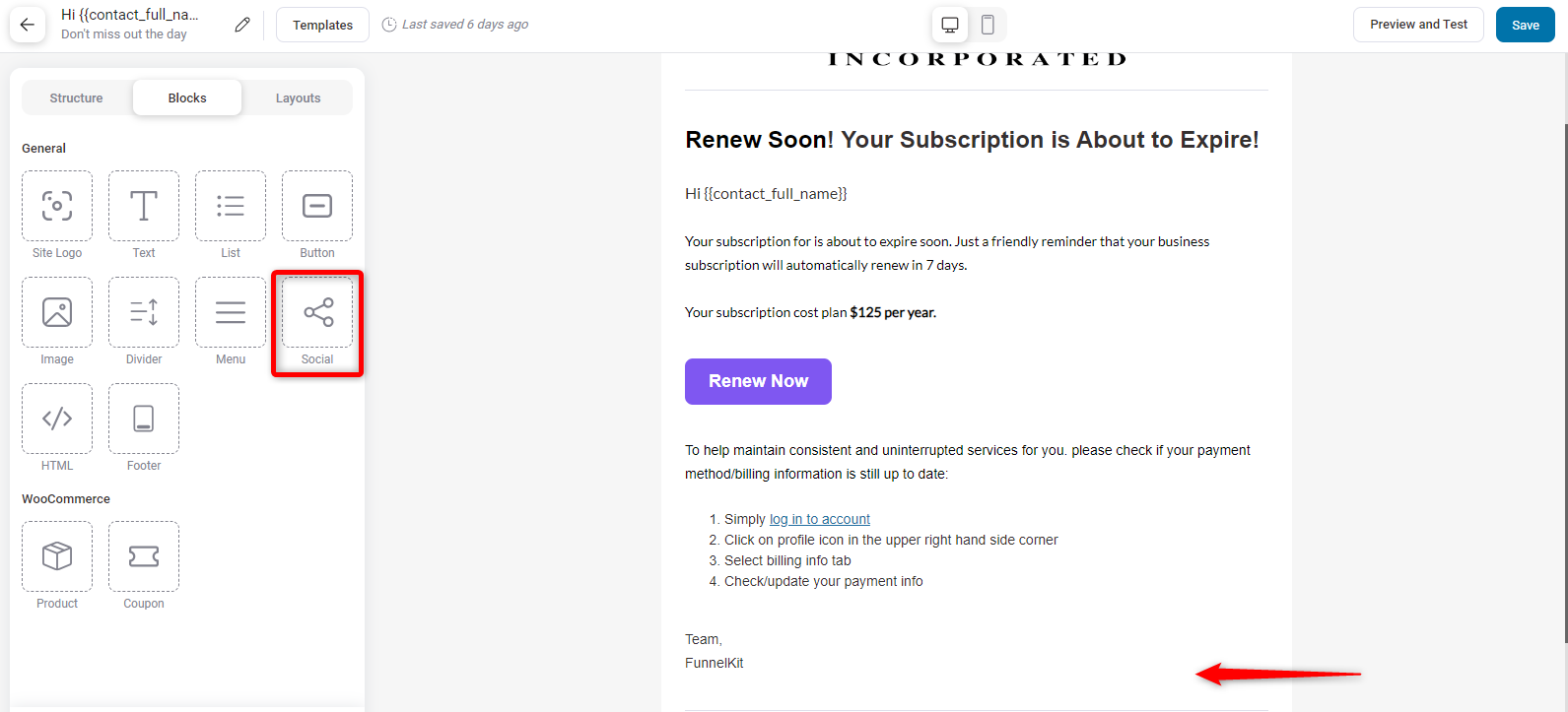 Adding social button to the WooCommerce Subscription Reminder Email