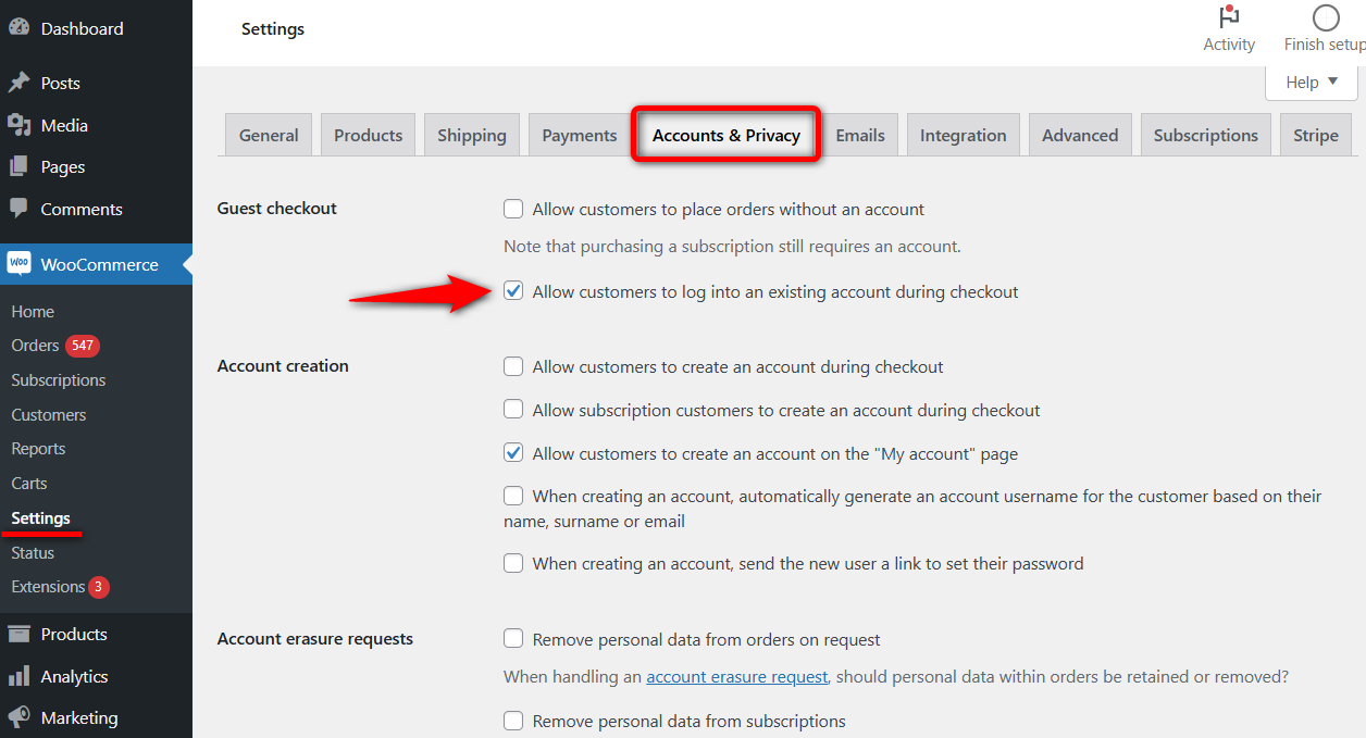 Enable allow customers to log into an existing account during checkout option from woocommerce accounts & privacy