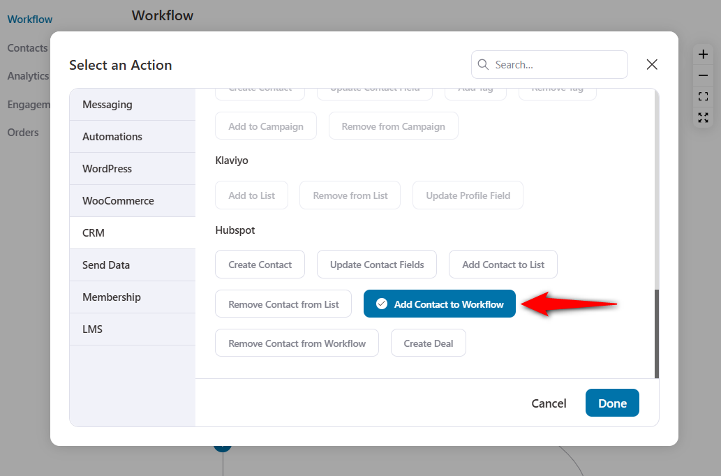 Next, select the add contact to workflow action for woocommerce hubspot integration