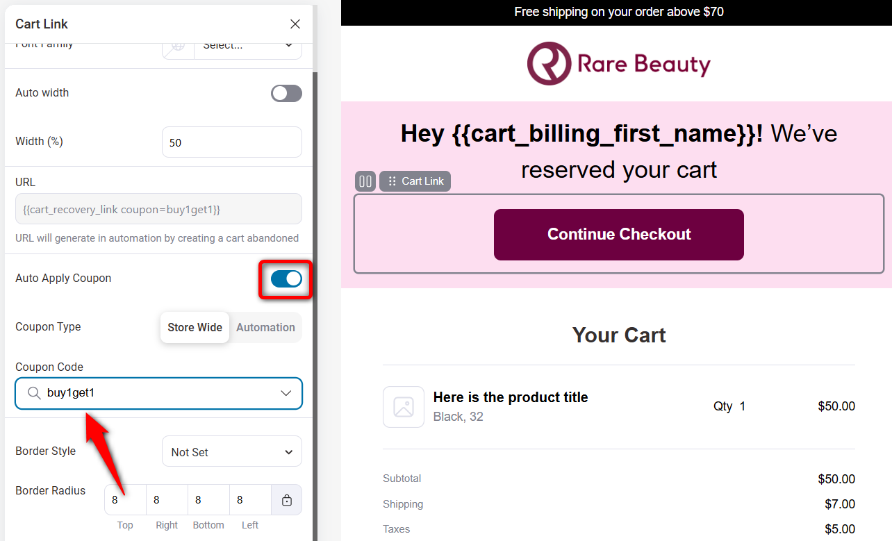 Auto apply coupon codes in cart recovery url for woocommerce email templates