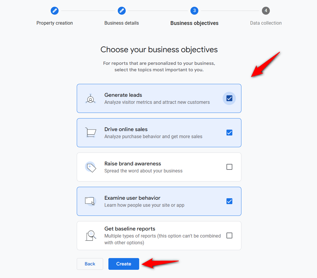 Choose your business objectives for woocommerce google analytics integration