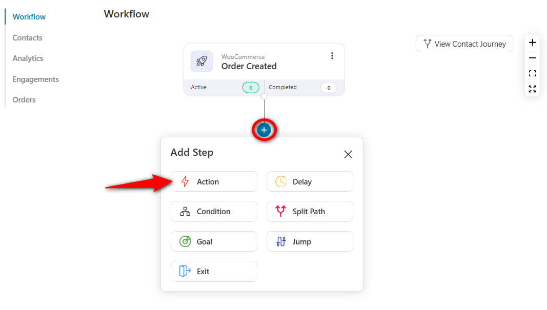 Click on the plus icon and select action for woocommerce hubspot integration use case