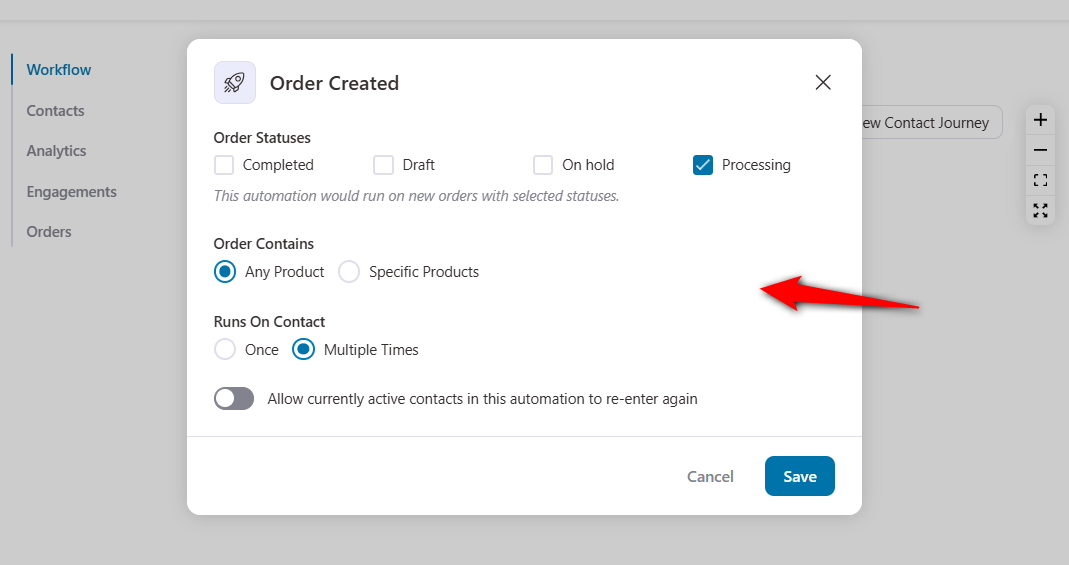 Configure the woocommerce order created event trigger - set the order status, order contains, automation runs on contact