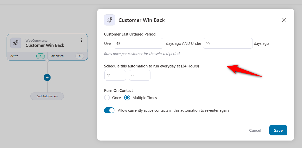 Configure the customer winback trigger to set up woocommerce hubspot integration use case for re-engagement campaigns