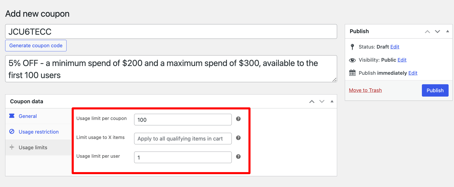 configure usage limits of discount coupon