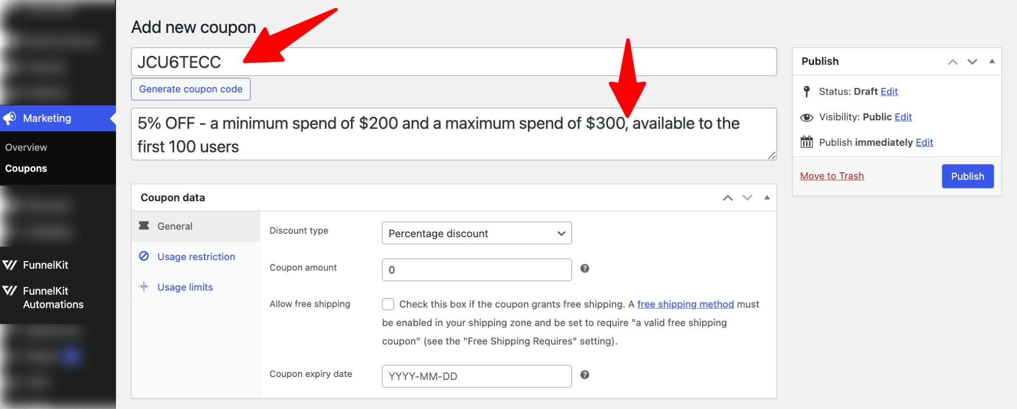 Generate a unique coupon code automatically or enter your custom code