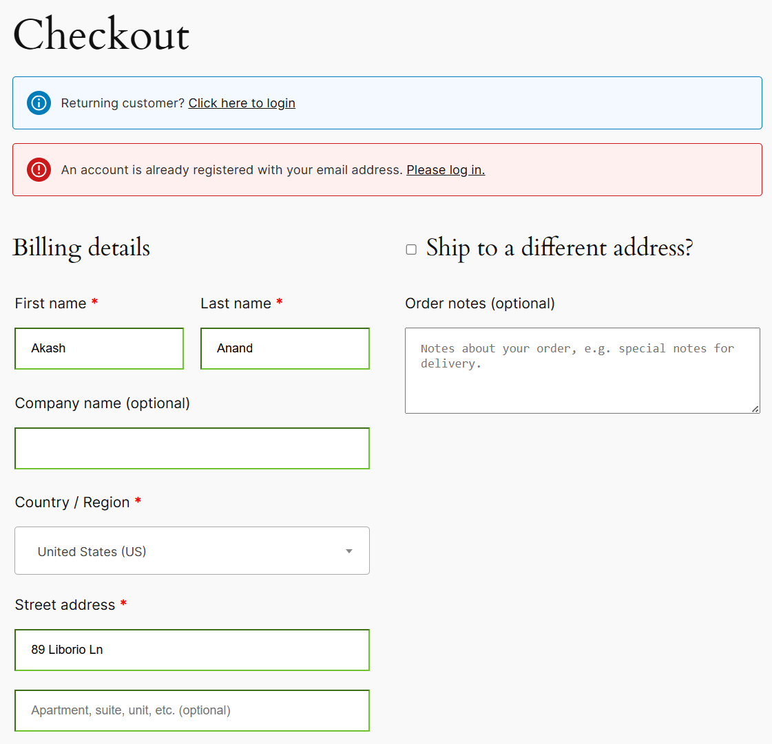 Default checkout prompts the existing customer notice when entering details on the checkout form and placing an order