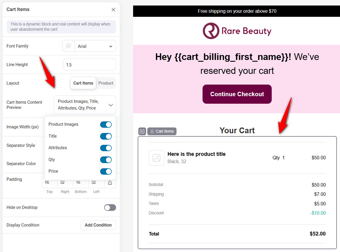 Update the shopping cart layout for woocommerce email templates