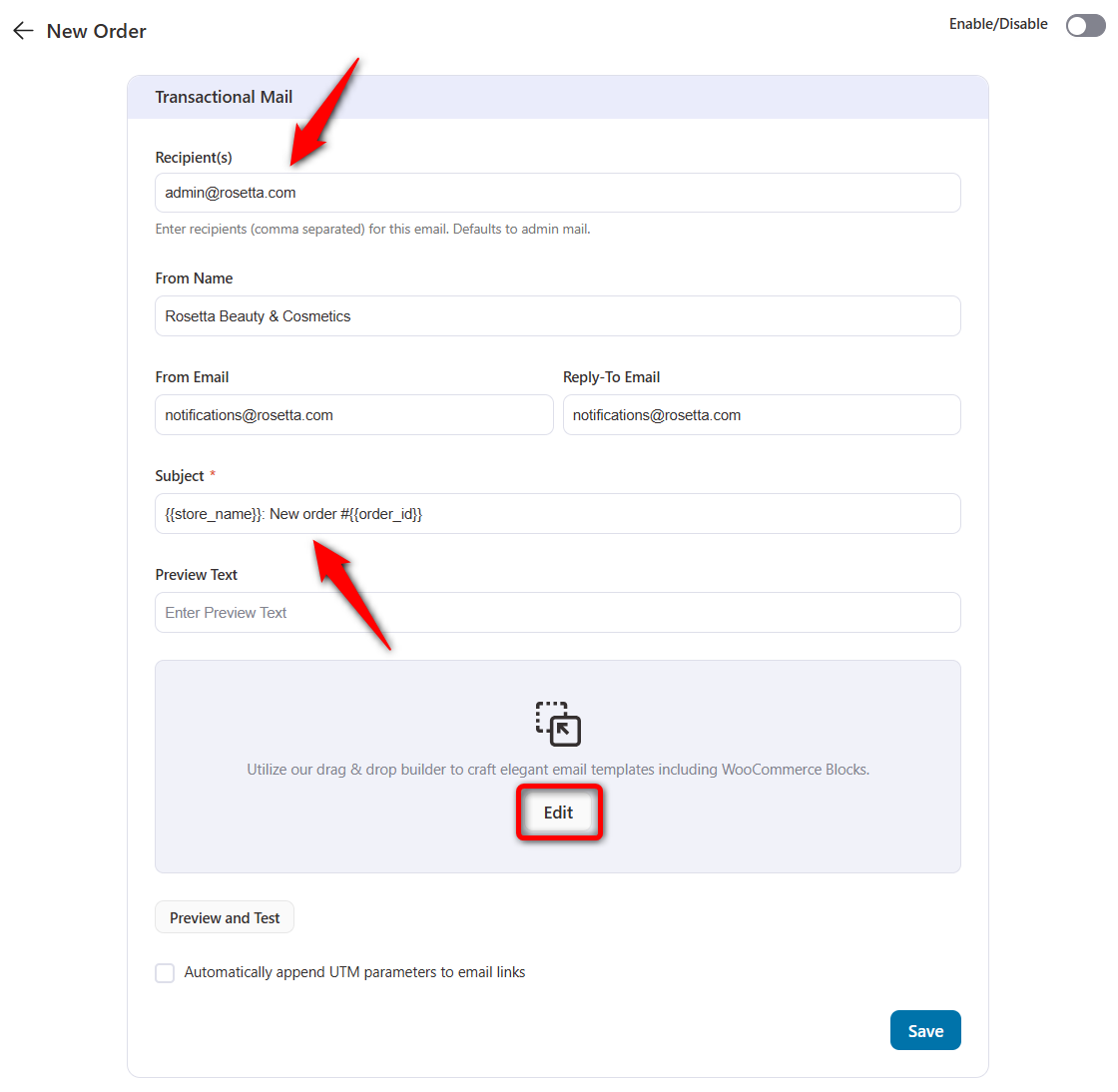 add admin email to recipient and customize your new order transactional email