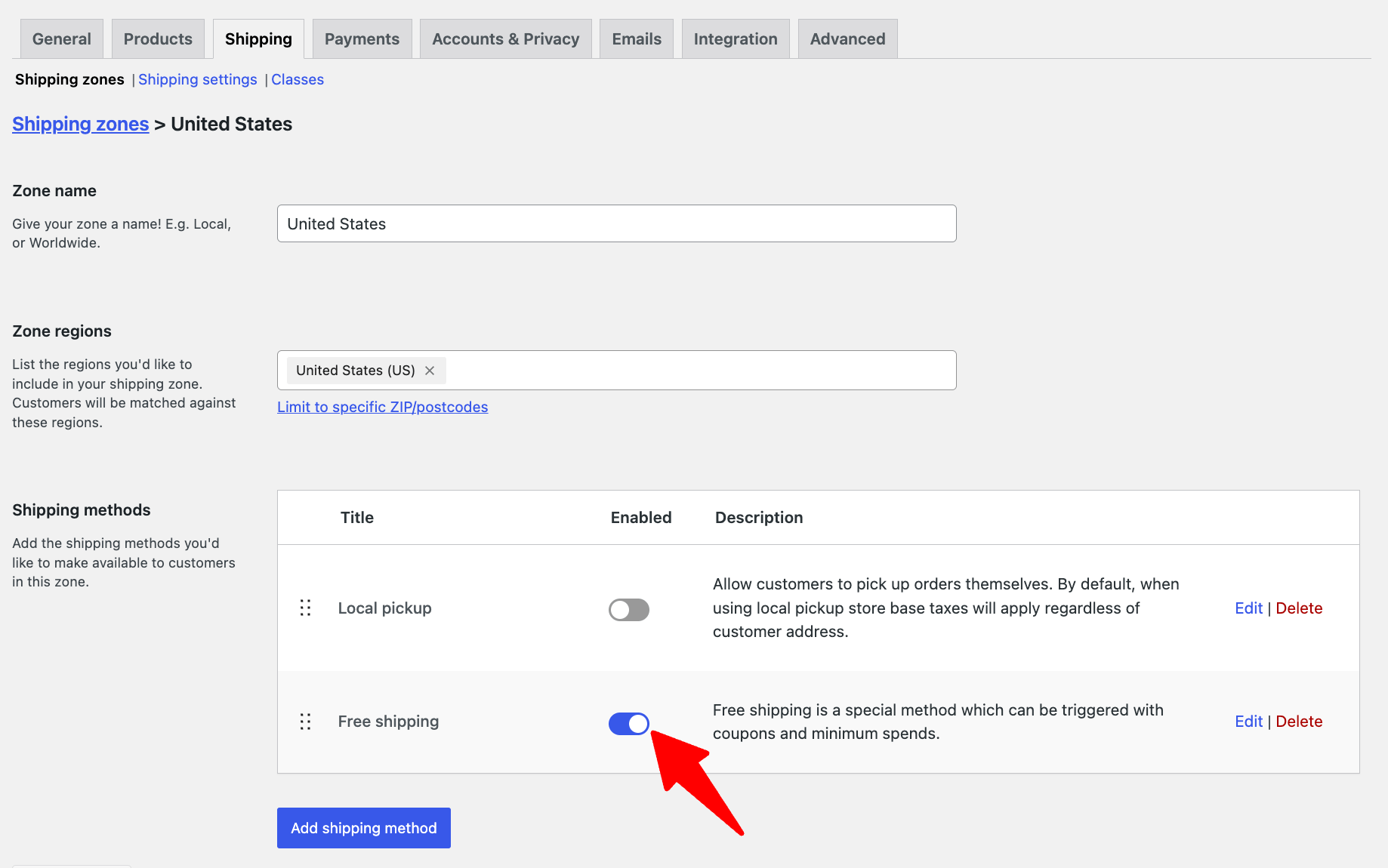 enable free shipping for a specific shipping zone