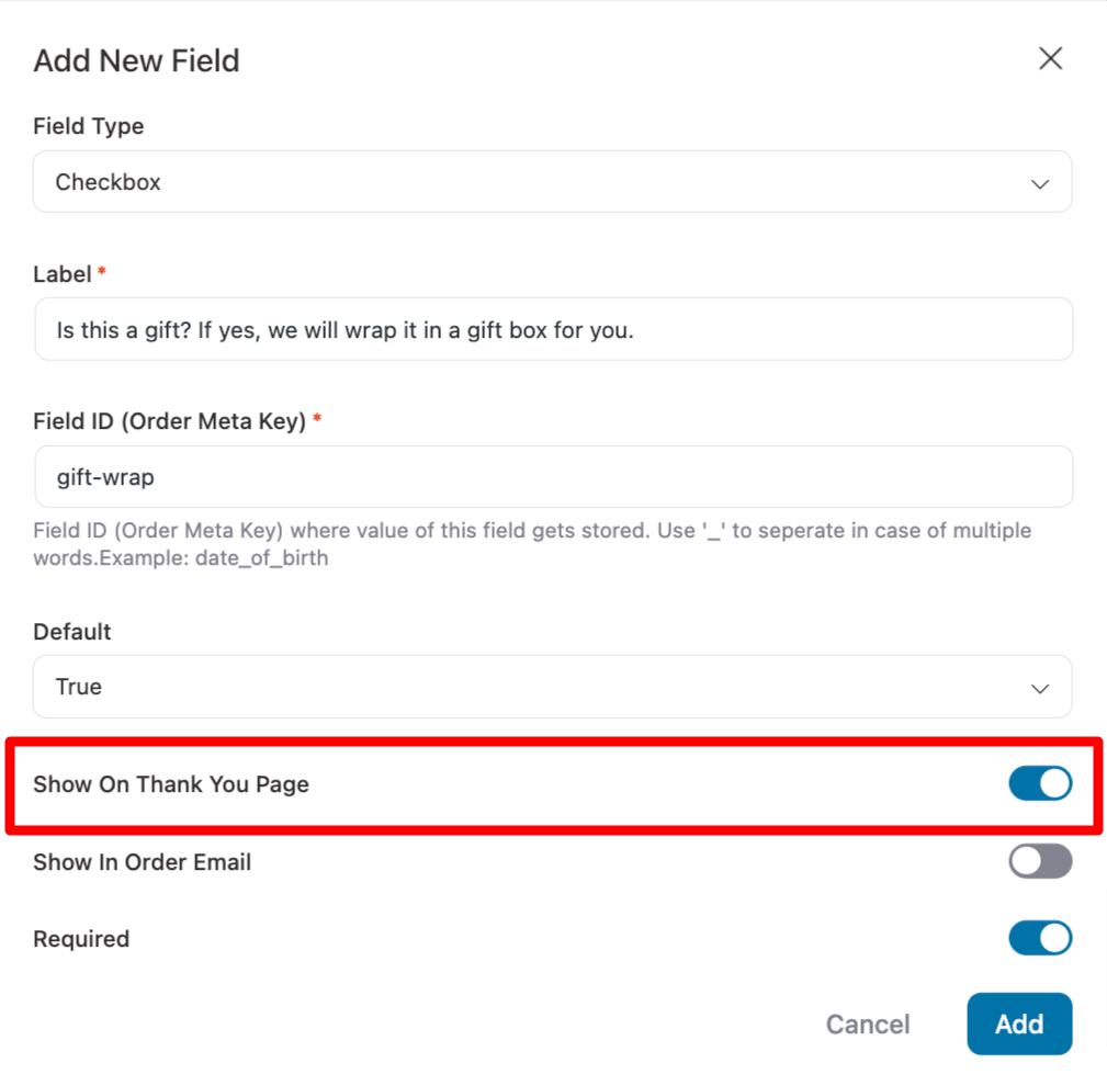 enable show on thank you page option for custom field