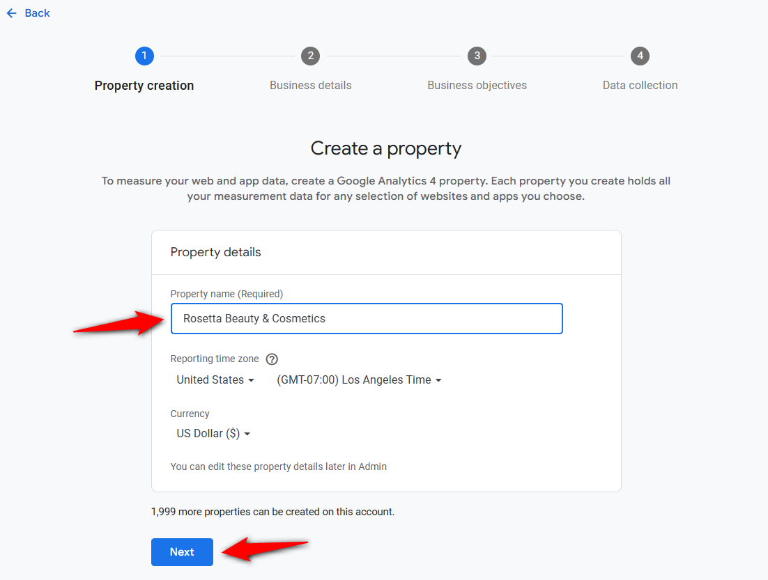 Enter the property name and set reporting time zone and currency for woocommerce google analytics integration