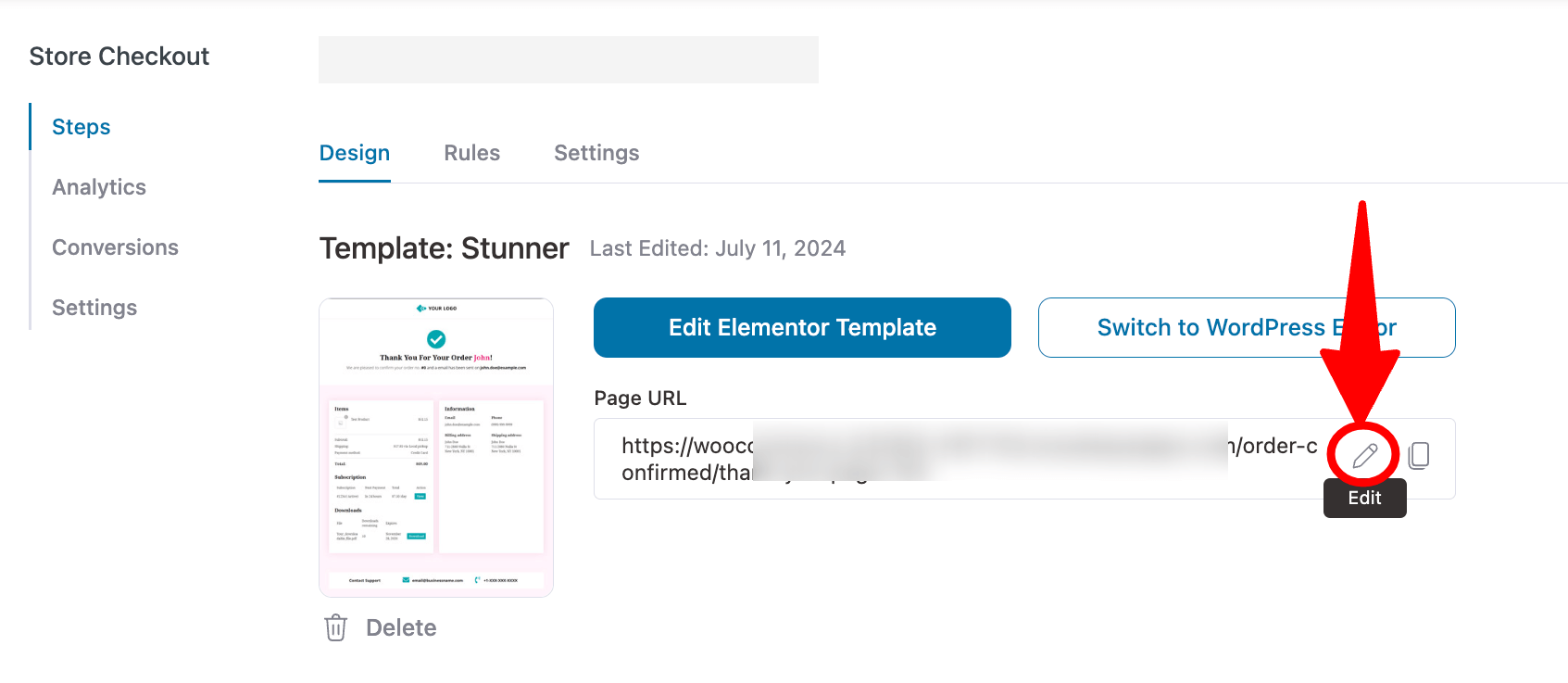 hit edit to customize WooCommerce thank you page URL using FunnelKit Funnel Builder