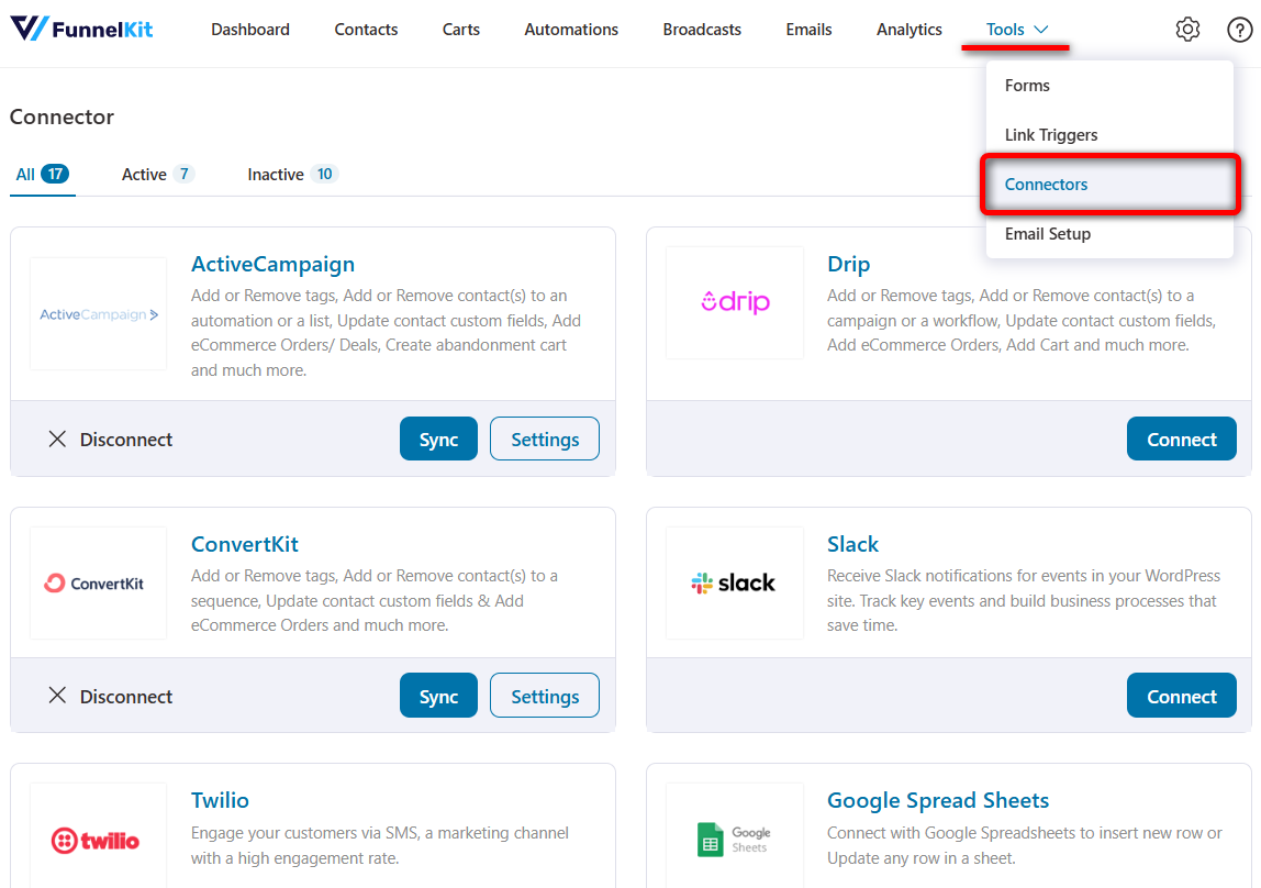 Navigate to tools - connectors section in FunnelKit Automations