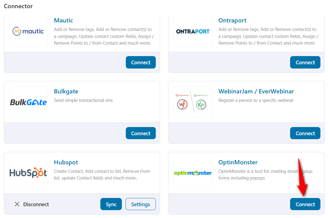 Scroll down and click on Connect under OptinMonster
