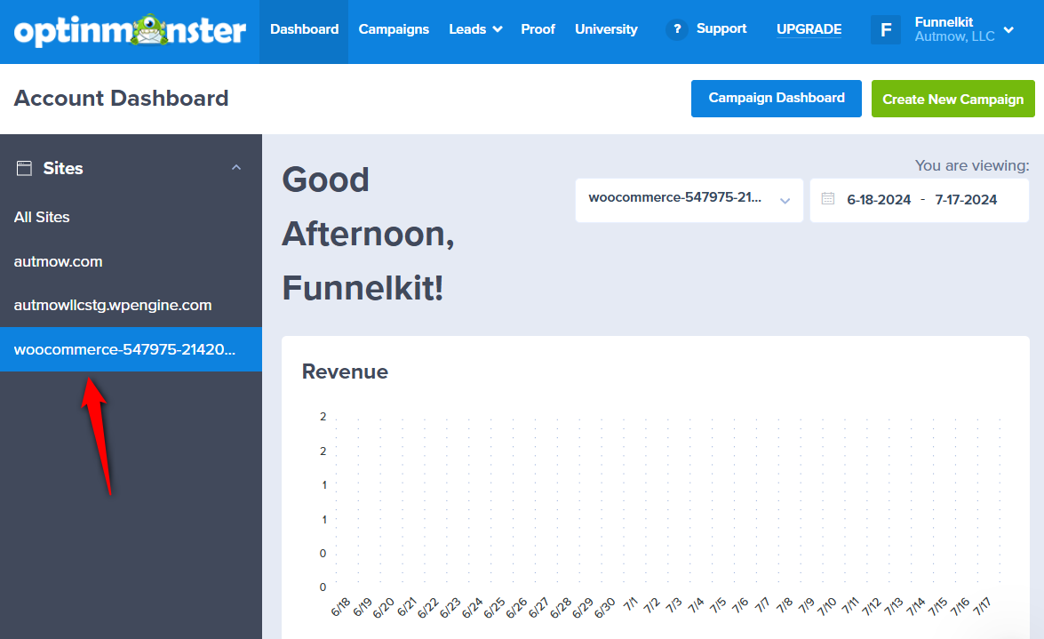 Find your connected wordpress website inside the optinmonster dashboard