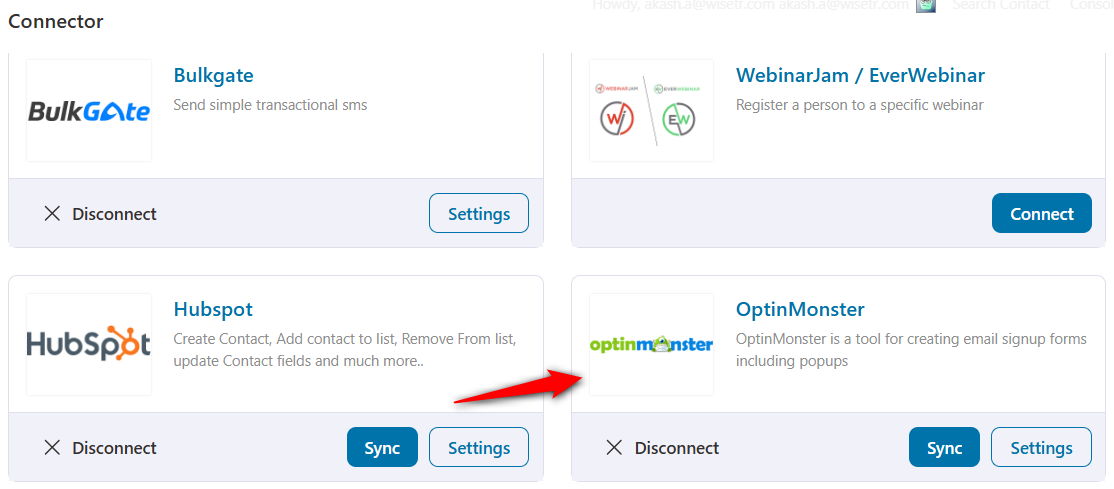 Find the OptinMonster connector connected inside FunnelKit Automations