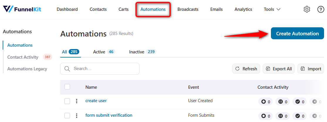 create an automation under funnelkit automations