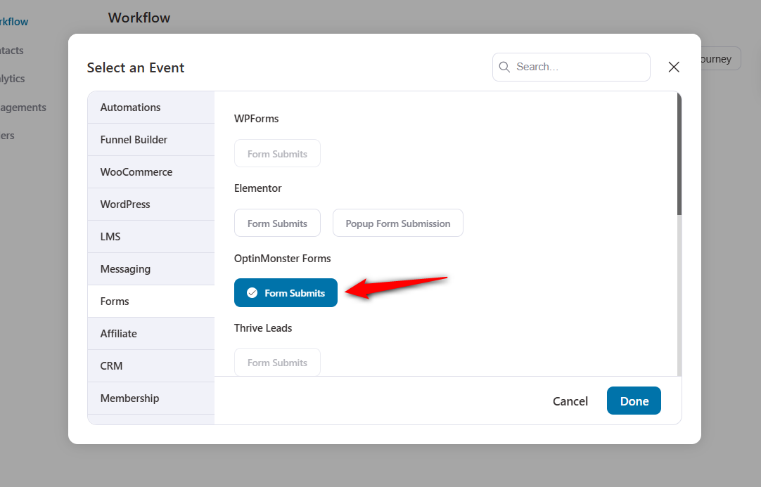 Select the form submits event trigger under optinmonster forms