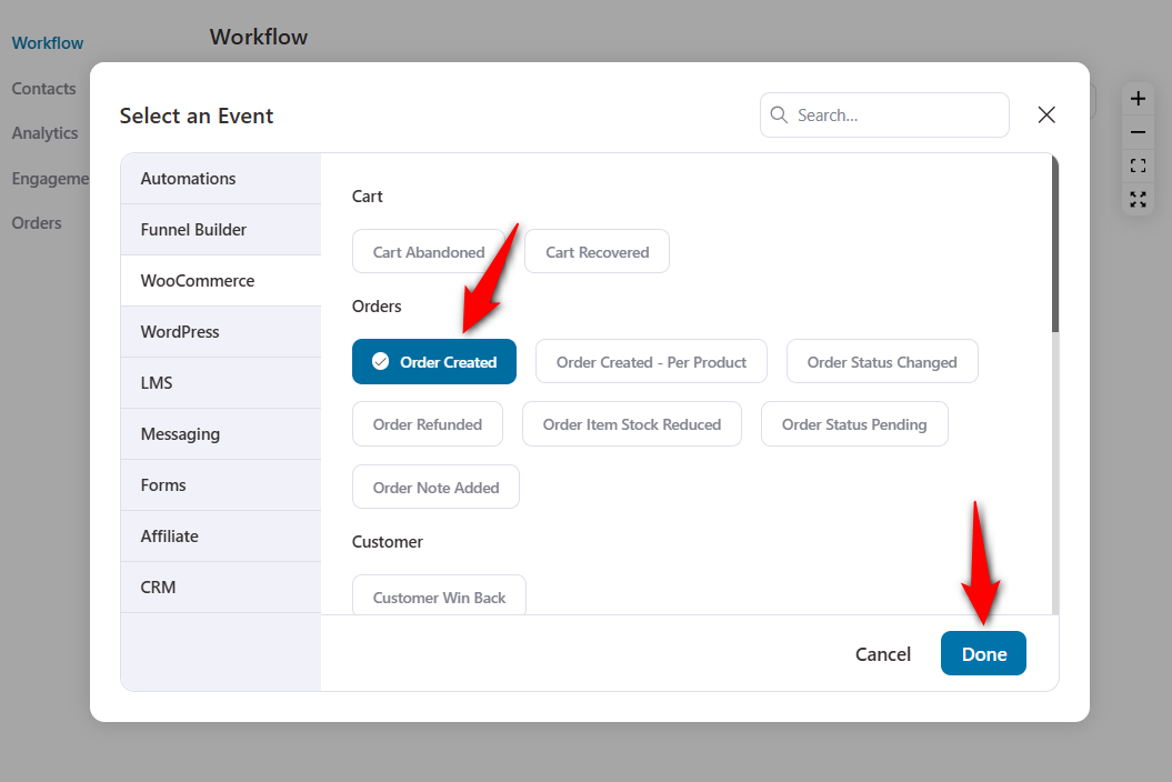 Select the 'order created' event trigger for woocommerce hubspot integration