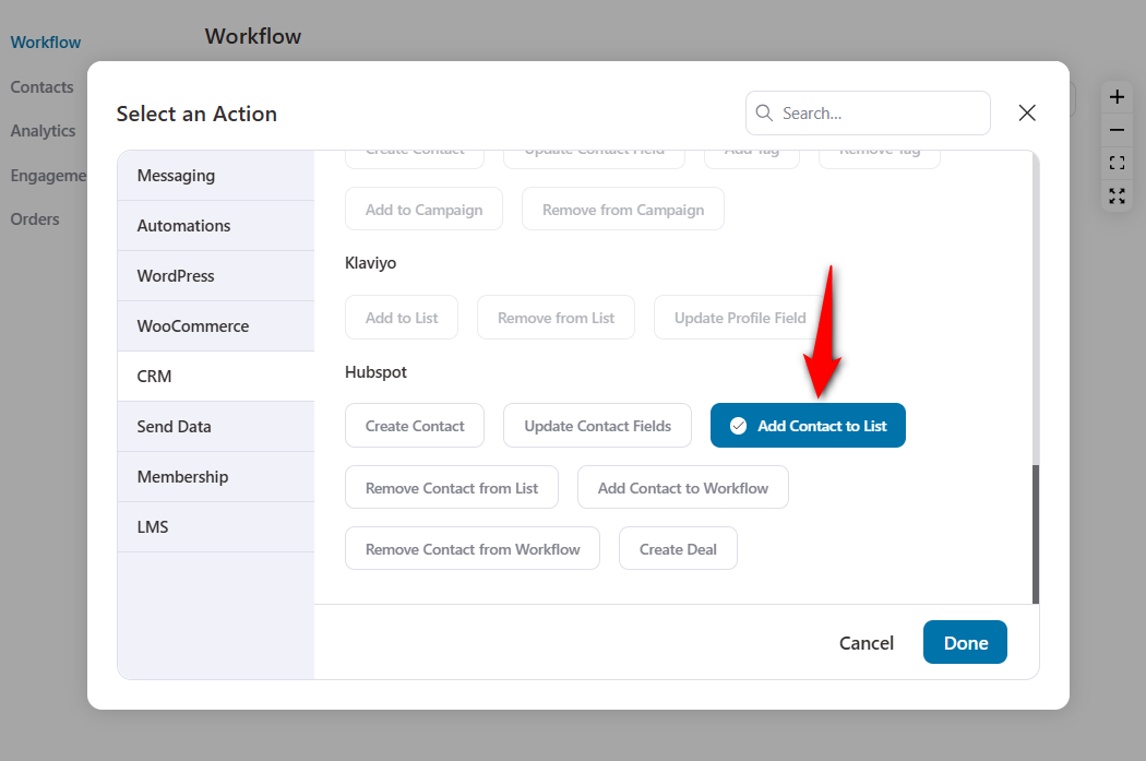 Set the add contact to list action - woocommerce hubspot integration use case