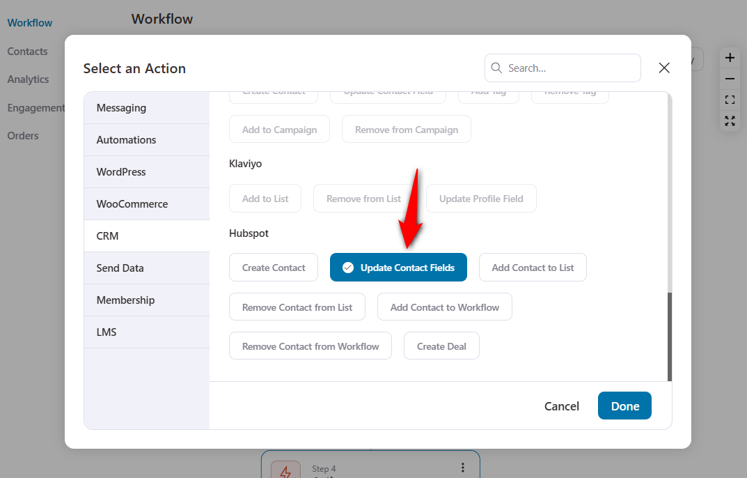 Add the update contact fields action to set up woocommerce hubspot integration use case