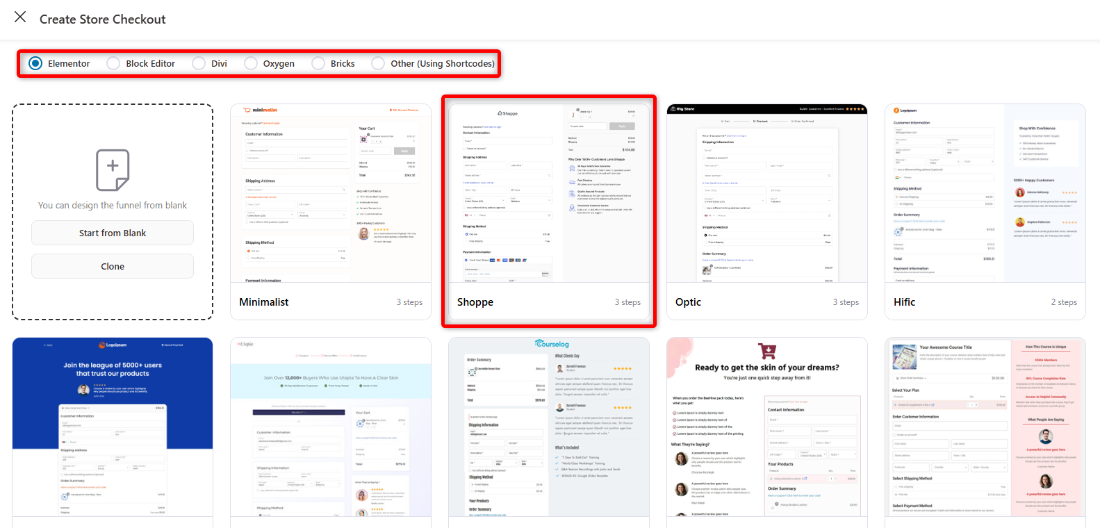 Choosing the template for the checkout page