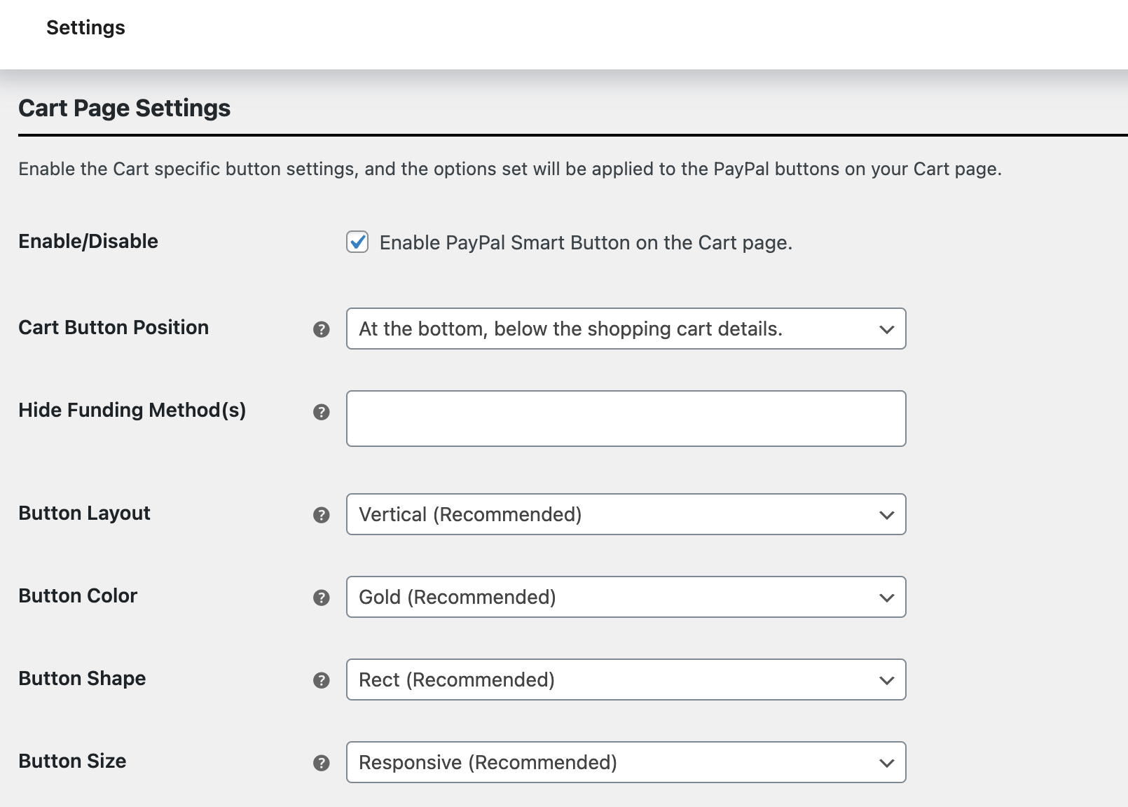 cart page settings for paypal