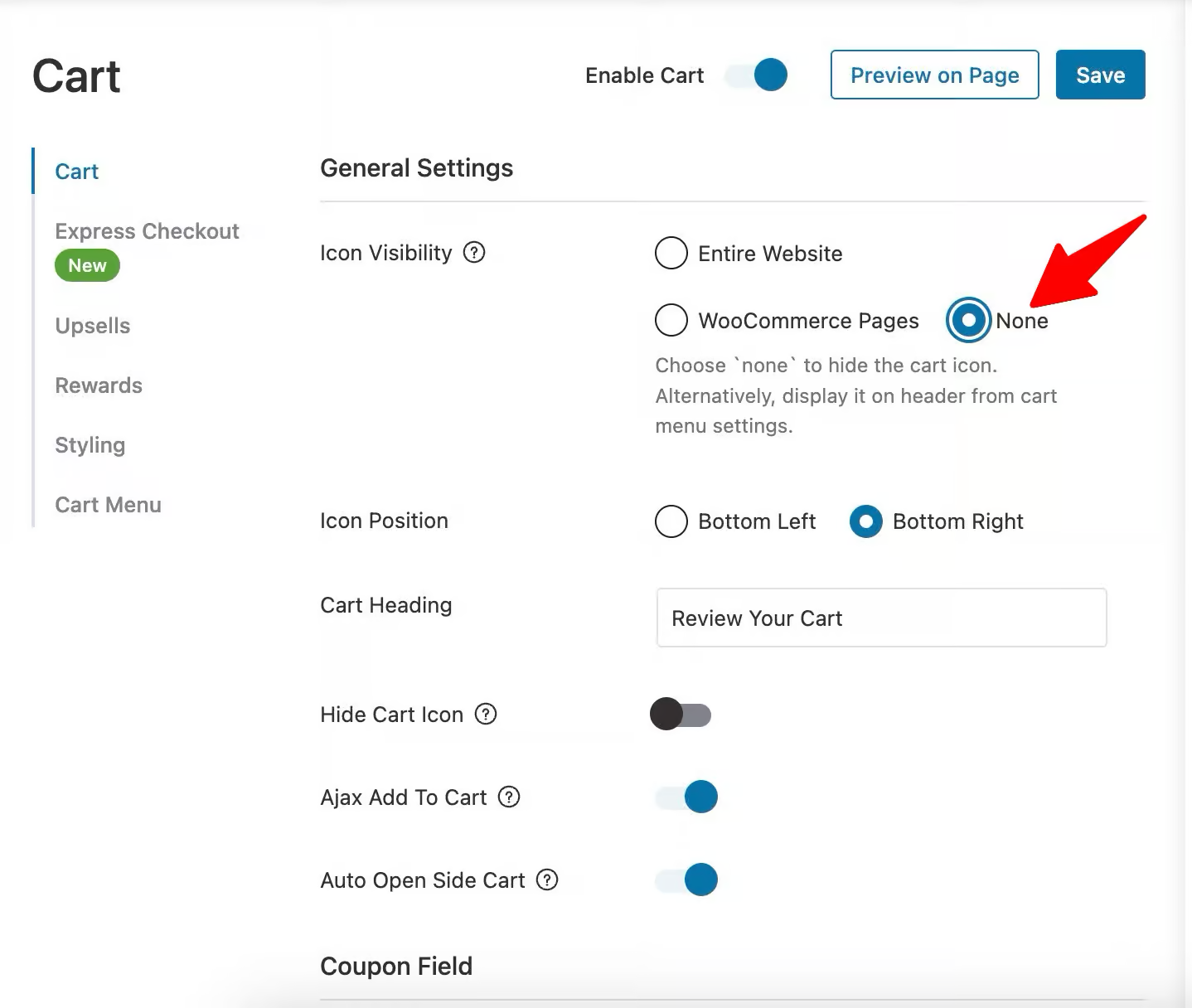 choose woocommerce cart icon visiblity as none