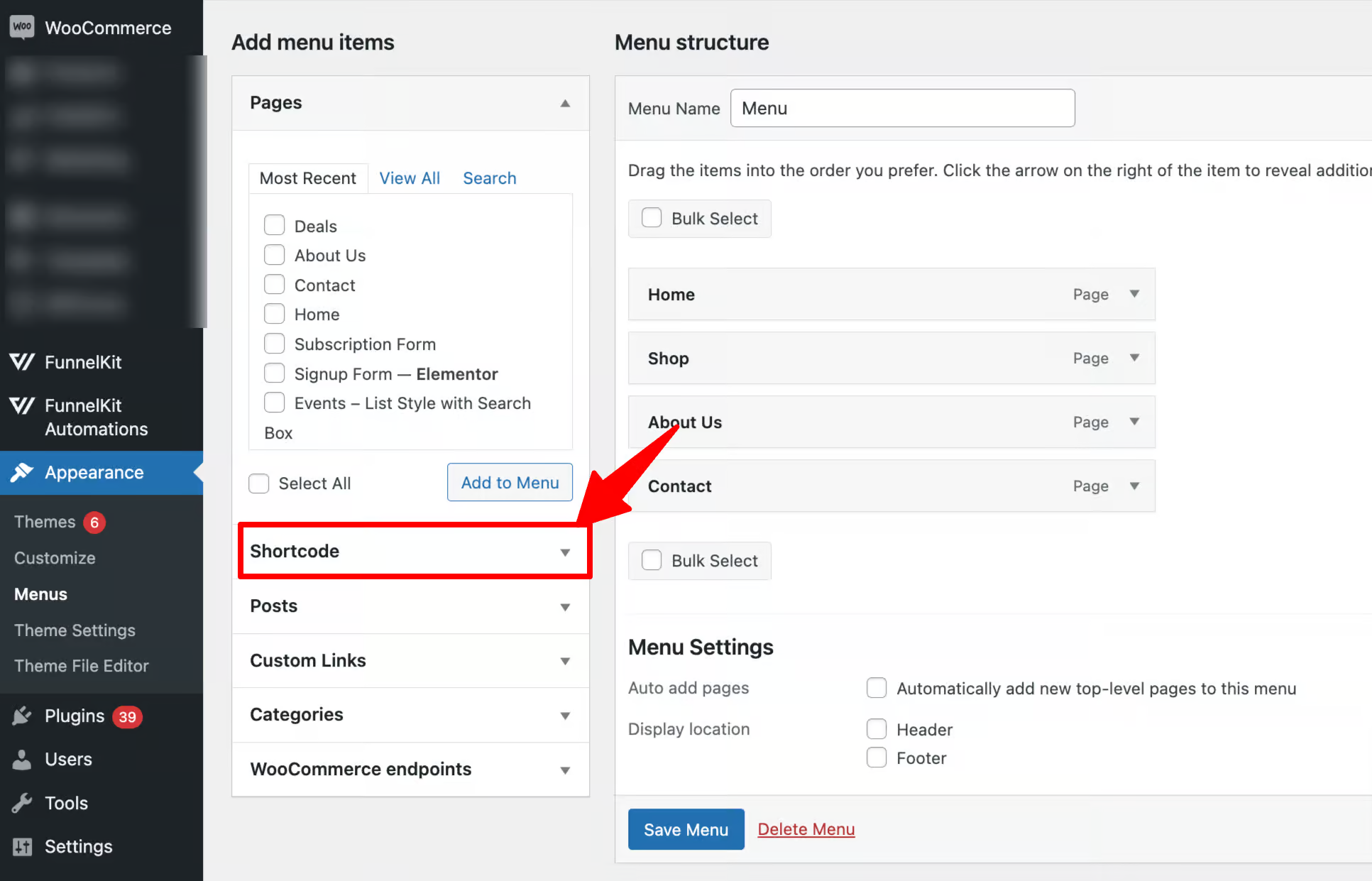 click on shortcode funnelkit cart 