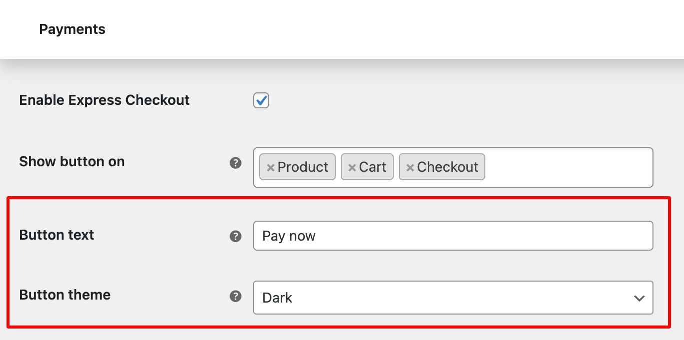 customize express checkout button text and theme