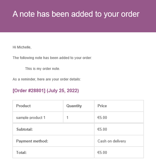 default WooCommerce order note email